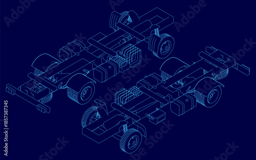 Blueprint of a semi truck and trailer with chassis and wheels in contour line art, isolated on a dark blue background. Isometric view