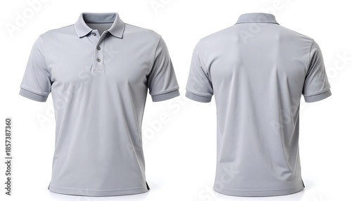 Realistic grey polo shirt mockup for your design, front and back views, on a clean white background