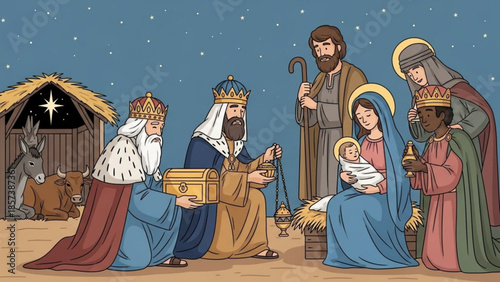 Wise Men's Visit: Depiction of the classic scene featuring the adoration of the newborn, alongside other biblical figures, bringing gifts to baby.