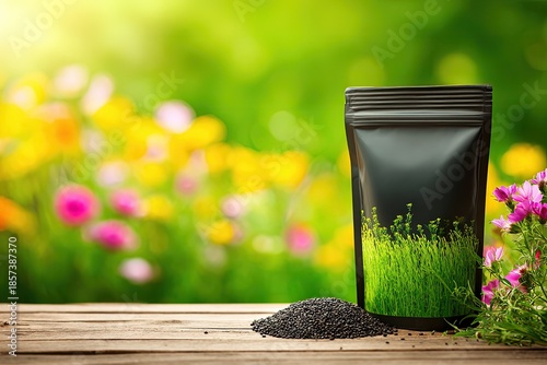 Black Seed Packet On Wooden Table With Flowers In Background