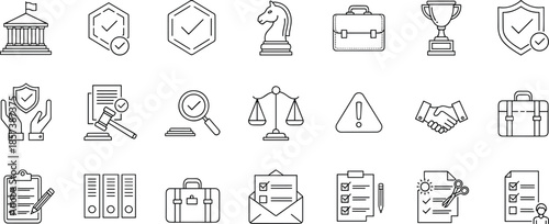 Business and legal line icon set with compliance security contract verification and corporate management symbols isolated on white background vector illustrationWeb