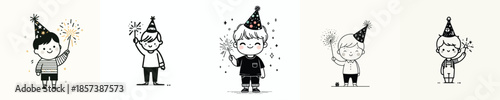 vector full body of a little boy stand lighting small fireworks(sparkle) on New Year