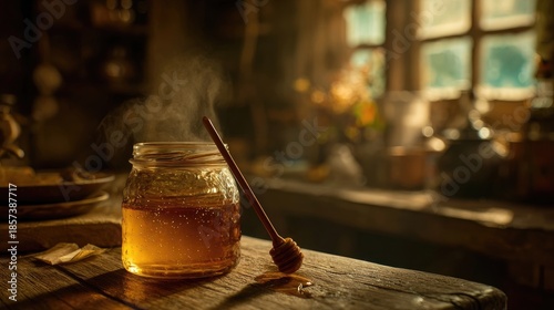 Golden Honey In Rustic Jar With Dipper