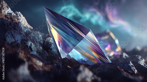 Multicolored Iridescent Crystals Among Rocks