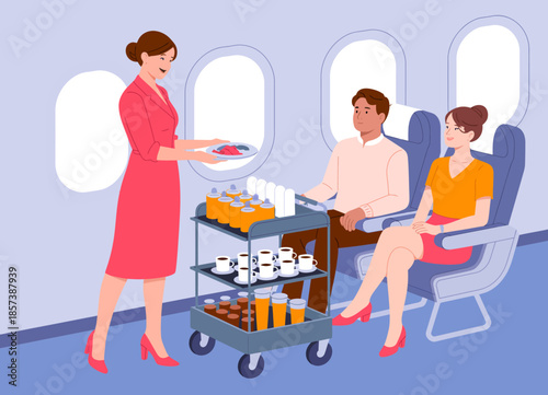 A flight attendant serves refreshments and meals to passengers seated comfortably, creating a warm, inviting atmosphere in the airplane cabin on their journey.