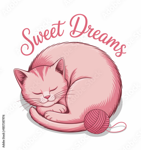 An adorable pink cat curls up and sleeps peacefully beside a vibrant yarn ball, embodying a sense of calmness and tranquility that all pet lovers cherish.