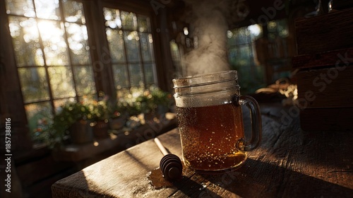 Warm Drink In Rustic Wooden Interior With Sunlight