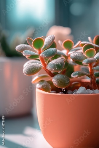 Closeup Of Succulent Plant In Orange Pot With Dew Drops