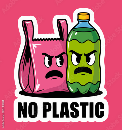 A playful cartoon illustration showing an angry plastic bag and soda bottle, capturing the environmental concern around plastic waste and promoting a message against plastic use.