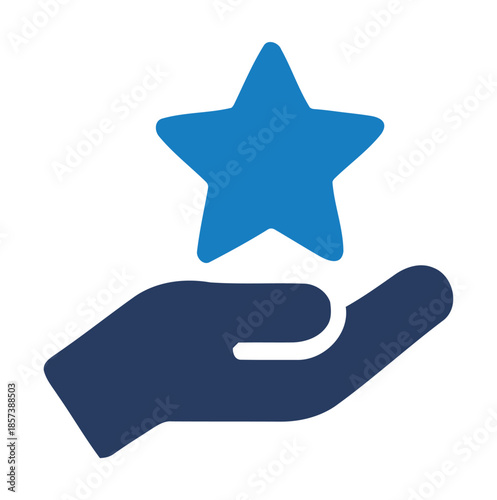 Blue hand holding a blue star icon on white background symbol