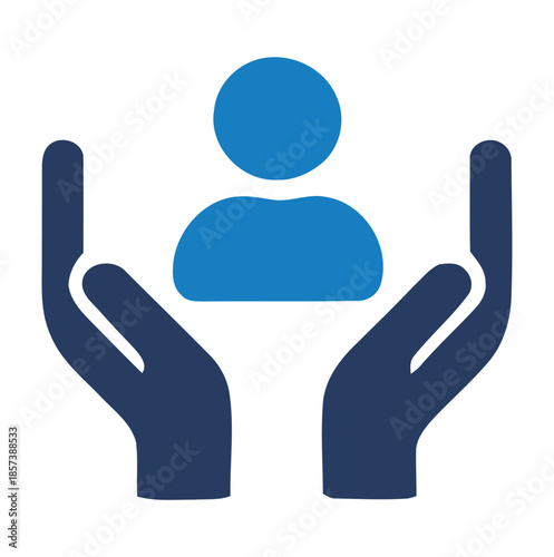 Blue human icon with cupped hands protecting it on white background person symbol