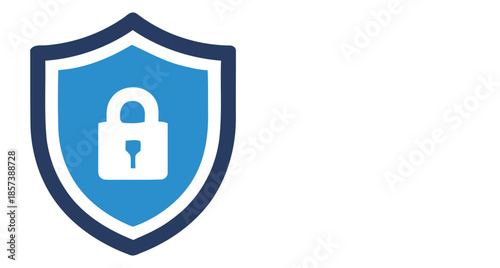 Blue shield with white padlock icon on white background security protection