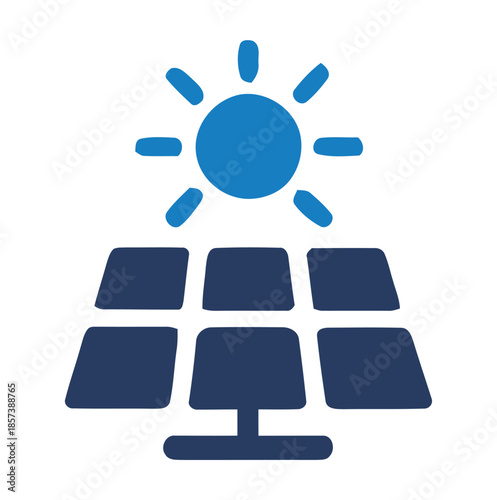 Blue solar panel icon with sun rays on white background energy power
