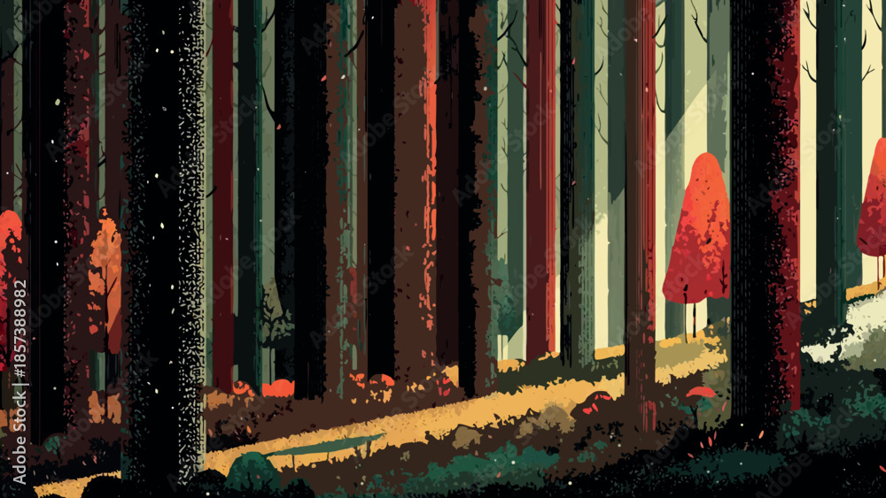 Obraz premium Stylized Forest Path with Tall Trees Illustration