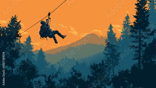 Zipline Adventure over Forest Mountains Illustration