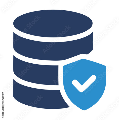 Dark blue database icon with blue shield and white checkmark storage security