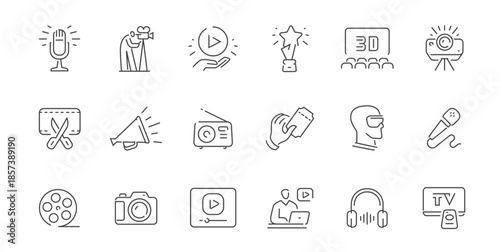 Movie and film linear symbols collection. Cinema set of icons. Movie theater concept