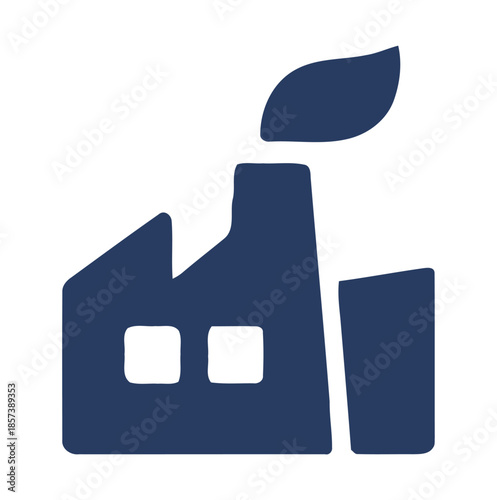 Dark blue factory building silhouette with smoke plume on white background industry manufacturing