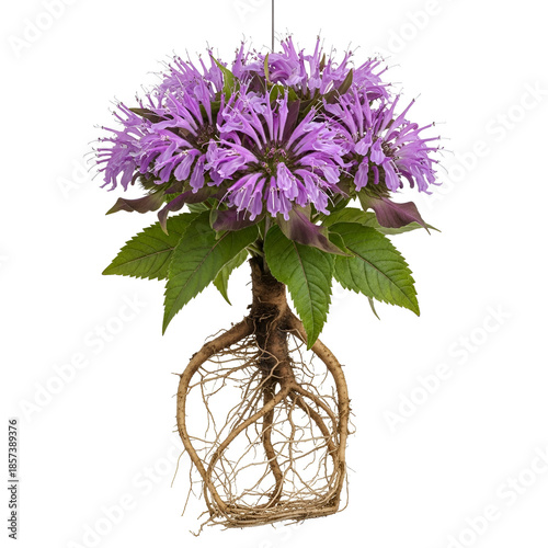Mature wild bergamot with roots and lavender tubular flowers