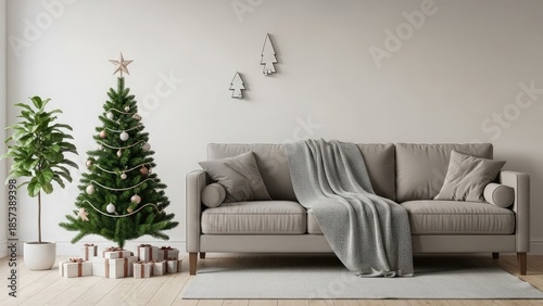 Cozy living room with Christmas tree and presents on sofa
