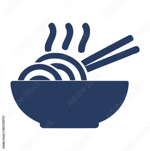 Dark blue icon of steaming noodles in a bowl with chopsticks food