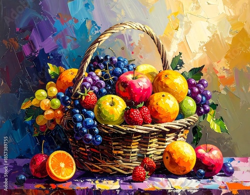 Vivid impasto-style still life of a wicker basket brimming with colorful fruits against a textured backdrop