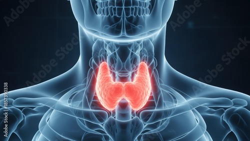 A front neck anatomy with a glowing thyroid gland and digital medical interface, hormone disorder, hyperthyroidism