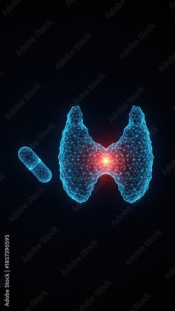 Fototapeta premium A blue hologram thyroid gland with medicine symbol and medical text, treatment concept, hyperthyroidism