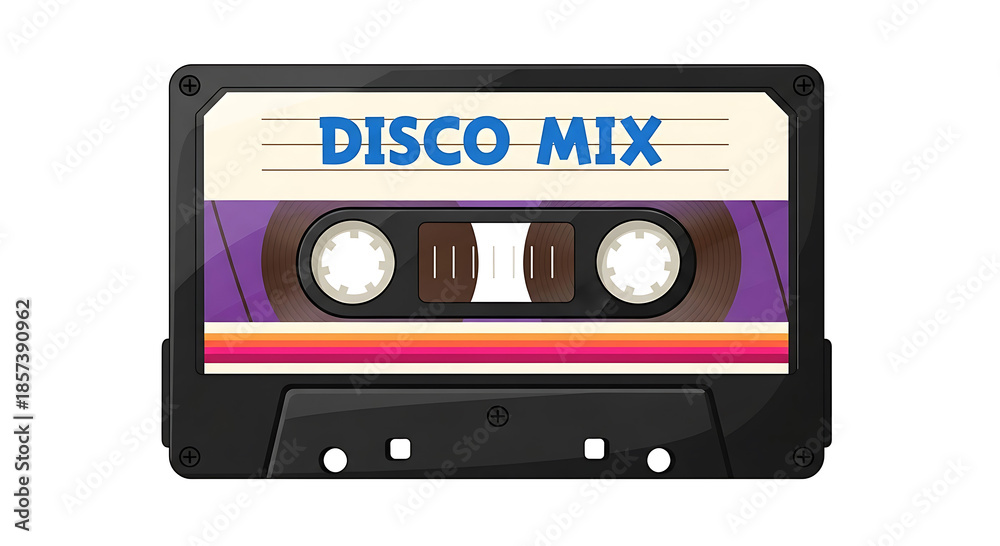 Fototapeta premium Vintage cassette tape with disco mix label and colorful stripes audio music