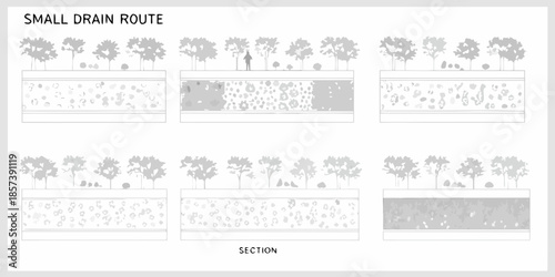 Diagram of a small drain route showing tree placement and soil composition