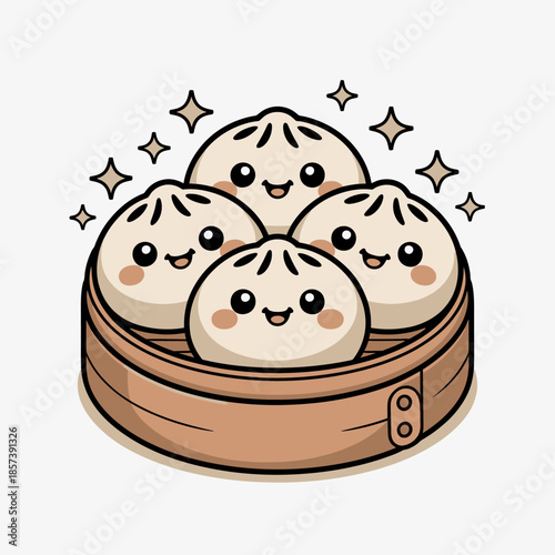 A delightful assortment of cute dim sum dumplings presented in a bamboo steamer, radiating cheerfulness and culinary artistry perfect for food lovers and culinary enthusiasts.