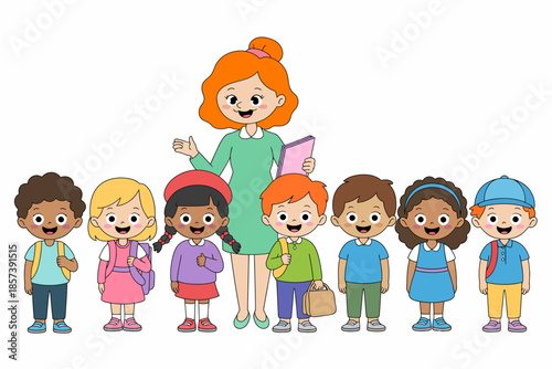 This illustration features a cheerful teacher with smiling children, showcasing a nurturing education environment, emphasizing joy, collaboration, and youthful curiosity in learning.