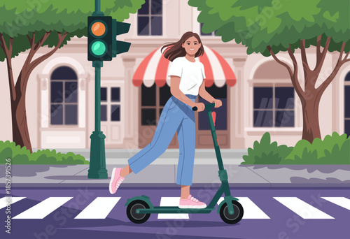 An energetic illustration depicts a young woman joyfully riding a scooter through a vibrant city, showcasing the thrill of urban mobility and freedom.