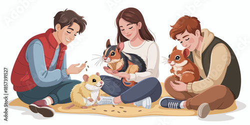 This heartwarming illustration features three children interacting with their small pets, such as hamsters and chinchillas, capturing the joy and innocence of childhood friendship.