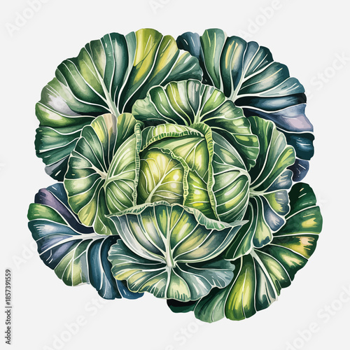 An intricately detailed arrangement of lush green cabbage leaves, showcasing their natural beauty and vibrant colors, perfect for representing freshness and healthy living.