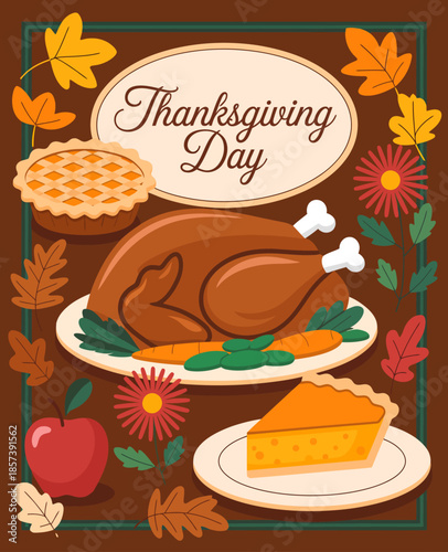 This festive illustration portrays a bountiful Thanksgiving feast, complete with turkey, pie, and autumn leaves, evoking feelings of gratitude and joyful celebration with loved ones.