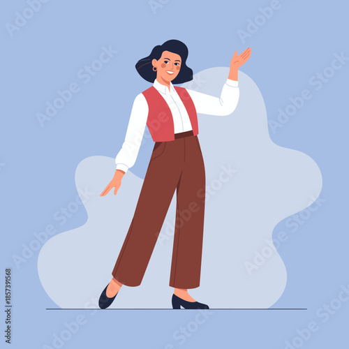 A cheerful woman dressed in a stylish outfit gestures warmly, embodying positivity and self-confidence, set against a gentle blue background that adds to her vibrant personality.