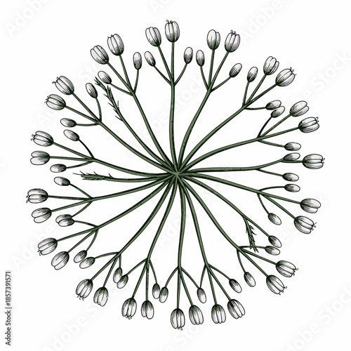 An intricate floral design depicting a circular arrangement of delicate white flowers on slender green stems, showcasing elegance and grace in natural artistry.