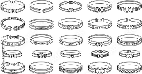 Romantic Couple Bracelets Line Art Icon Set: Vector Outline Collection of His  Hers, Infinity, Heart, Lock  Key Bangles for Love, Wedding, and Valentine's Day Jewelry Design  Fashion