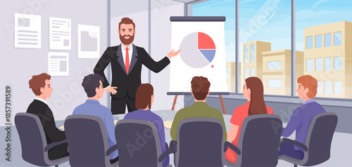A corporate scene where a confident businessman presents charts and statistics to a group, reflecting teamwork and the importance of effective communication in business environments.