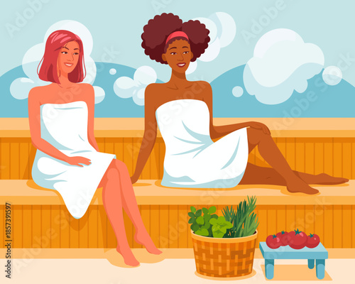 Two friends enjoy a serene moment in a sauna, wrapped in towels, surrounded by fresh herbs and vegetables, exemplifying relaxation and wellness in a tranquil environment.