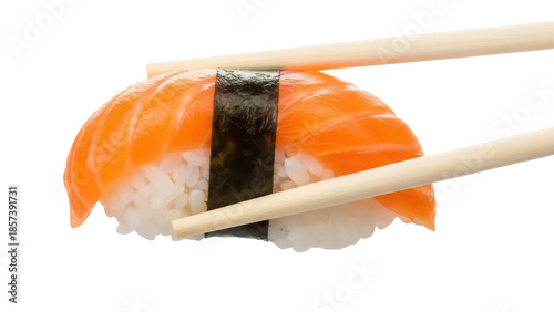 Photos Salmon sushi nigiri isolated PNG, Japanese cuisine with rice and raw fish held b