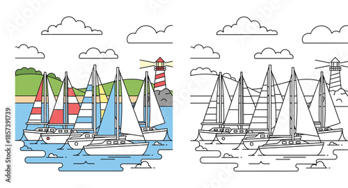 Sailboats and lighthouse in harbor vector illustration. Nautical sea landscape with ships near shore. Coloring book page design with color and black and white outline versions.