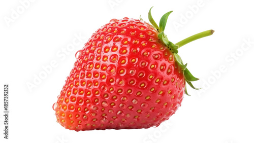 Fresh red strawberry PNG isolated on transparent background, ripe fruit with seeds and green stem for healthy eating and summer designs