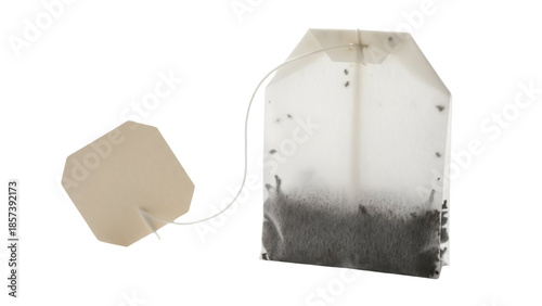 Used tea bag PNG isolated on transparent background, steeped herbal beverage bag for hot drink preparation and relaxation