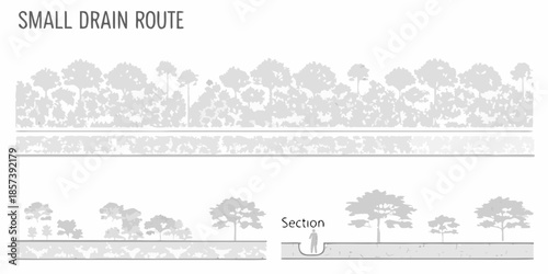 Illustration of a small drain route through a forested landscape section