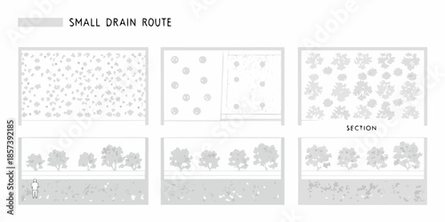 Architectural plans detailing small drain route sections and surrounding foliage