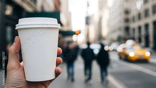 Wallpaper Mural Hand holding white coffee cup on busy city street with blurred background Torontodigital.ca