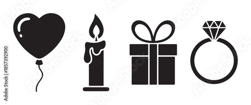 a collection of black silhouette icons depicting a heart flame gift and diamond ring representing affection and celebration