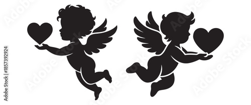 Silhouette of Two Flying Cherub Cupids Holding Hearts - Romantic Valentine's Day Angels for Greeting Cards and Love Themes
